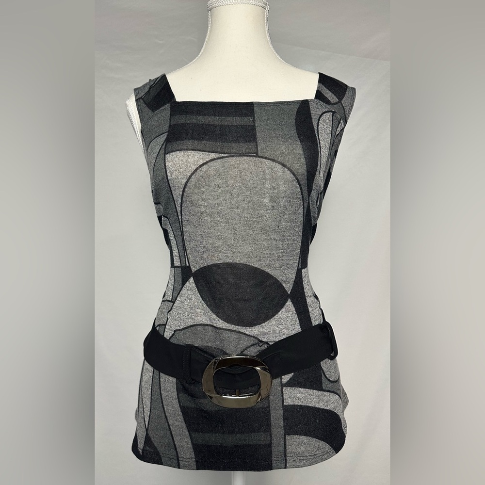 FRANK LYMAN Vintage Retro 70s Silver Buckle Belted Geometric Tank Top‎ Size 14